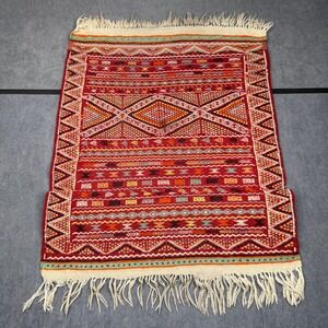 Vintage Handwoven Kilim Rug Red Geometric Tribal Flatweave 25x39 Bohemian Decor